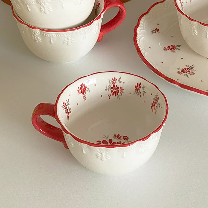 Vintage Red Floral Coffee Cup