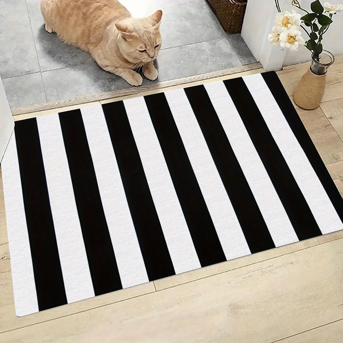 Black White Striped Doormat