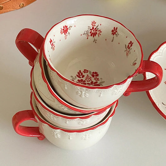 Vintage Red Floral Coffee Cup