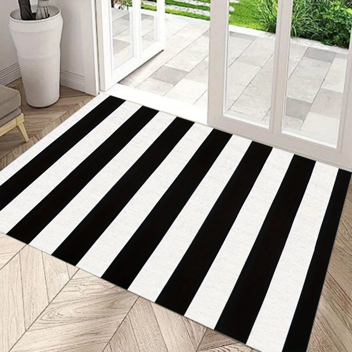 Black White Striped Doormat