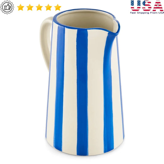 Handcrafted Ceramic Blue Stripe Pitcher Vase