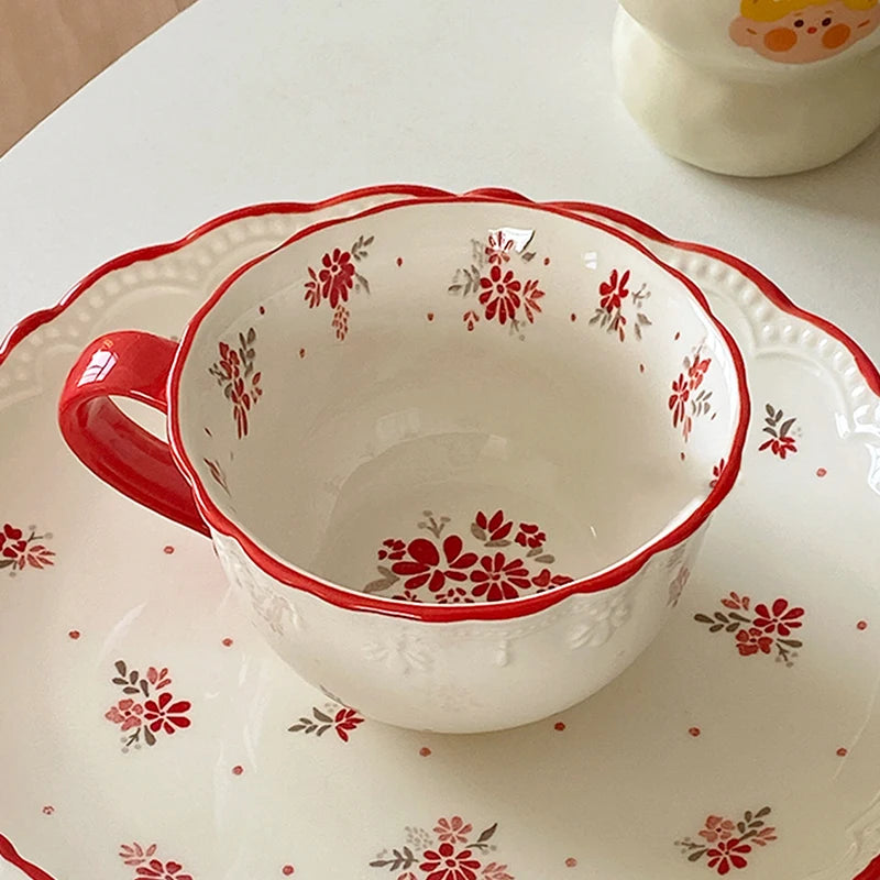 Vintage Red Floral Coffee Cup